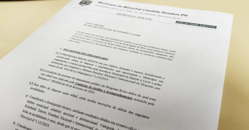 Estão abertas as inscrições para o programa Bolsa Atleta 2026 em Marechal Cândido Rondon