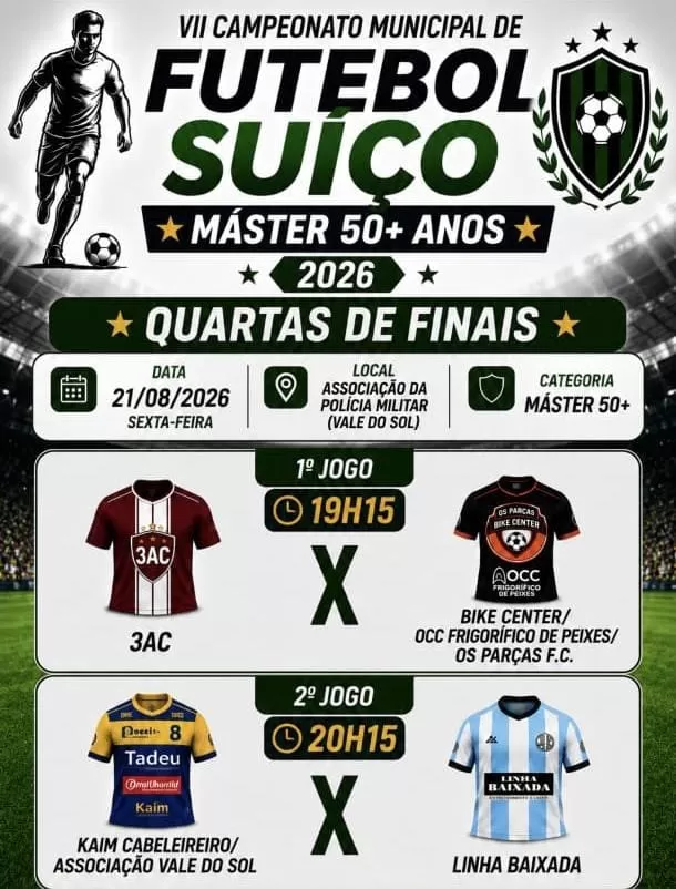 Quartas de final do Municipal de Futebol Suíço Máster 50+ prometem grandes duelos