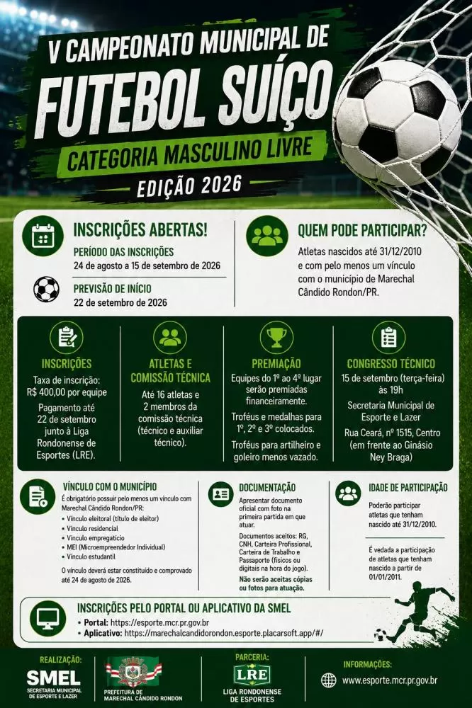 Inscrições abertas para o V Campeonato Municipal de Futebol Suíço de Marechal Rondon